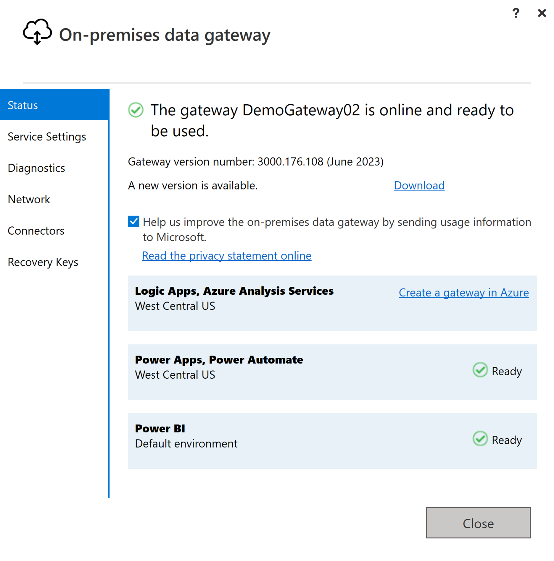 Captura de ecrã a mostrar a configuração do gateway de dados no local depois de o utilizador iniciar sessão.