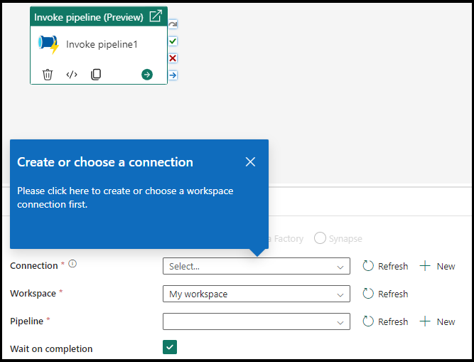 Captura de tela mostrando a janela do editor de pipeline com o espaço de trabalho Invocar atividade de pipeline e seleção de conexão.