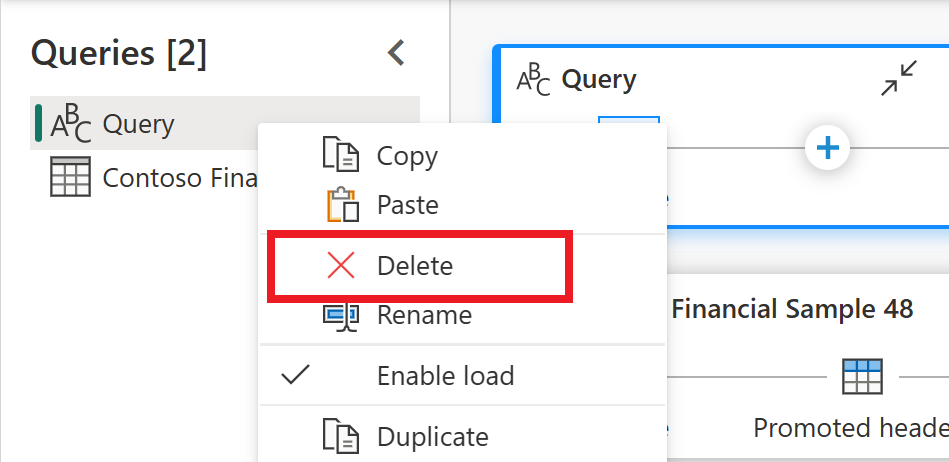 Screenshot showing the blank query selected, with emphasis on the delete option in the query's menu.