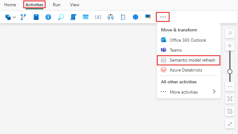 Captura de tela mostrando como adicionar uma nova atividade de atualização de modelo semântico a um pipeline a partir da barra de atividades.