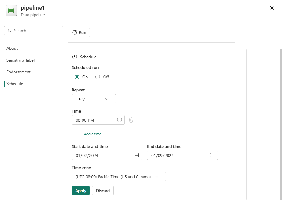 Screenshot showing the schedule configuration for a pipeline to run daily at 8:00 PM until the end of the year.