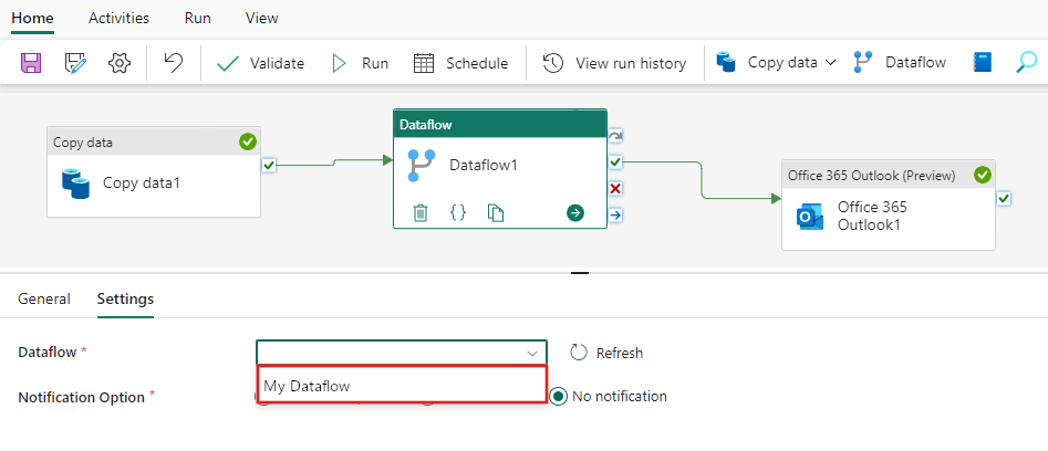 Captura de tela mostrando a guia Configurações da atividade Fluxo de dados.