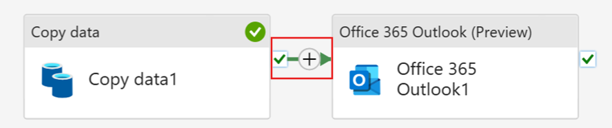 Captura de tela mostrando a conexão da saída de sucesso da atividade Copiar com a nova atividade do Office 365 Outlook.