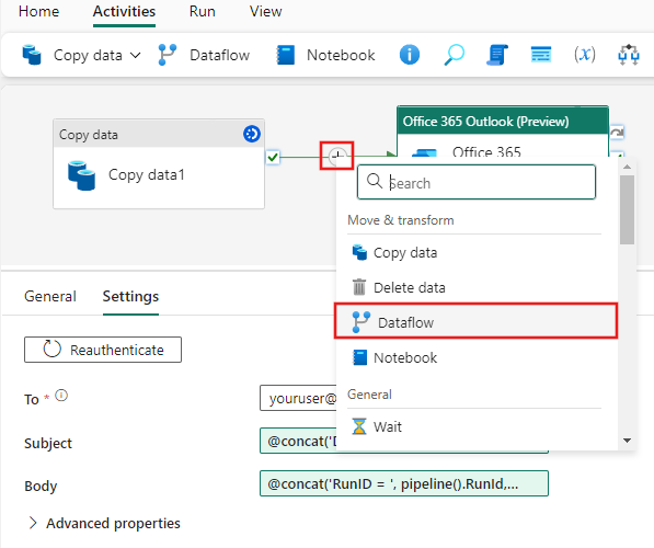 Captura de ecrã mostrando a seleção de Fluxo de Dados no menu de atividade de inserção na interface do pipeline.