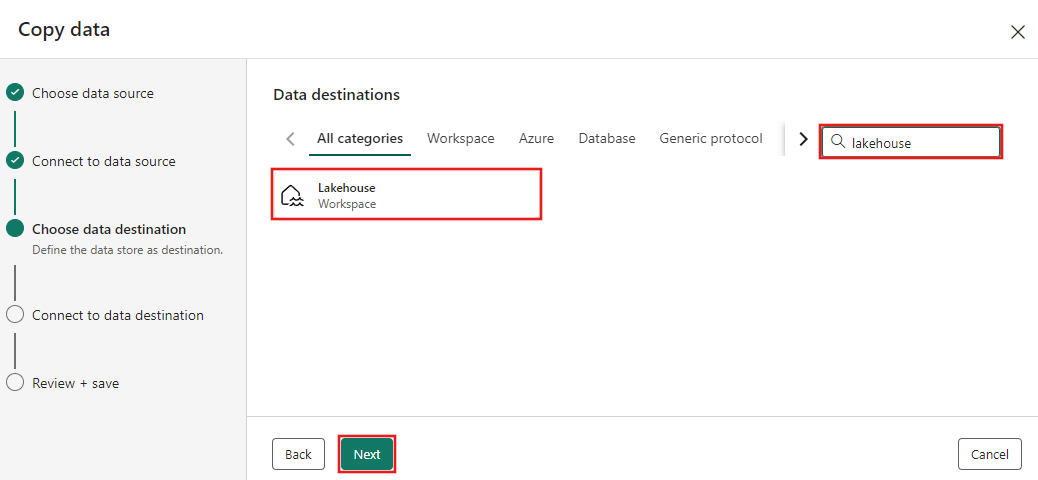 Captura de tela mostrando a seleção do destino Lakehouse na guia Escolher destino de dados do assistente Copiar dados.