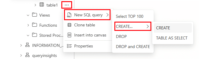 Screenshot from the Fabric portal showing how to script out the T-SQL of a database object.