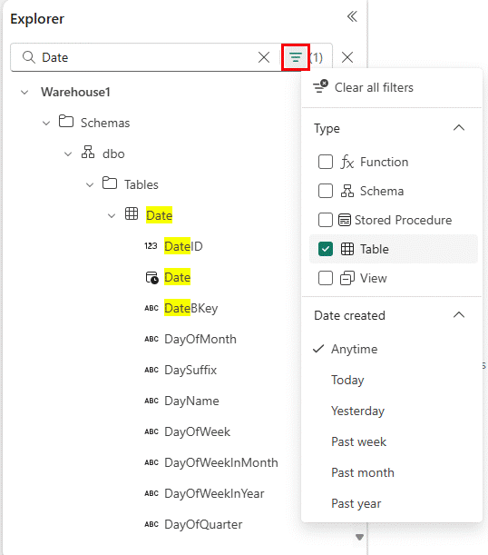 Screenshot showing how objects are filtered in object explorer.