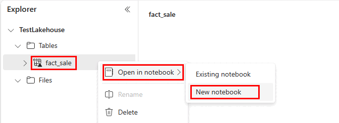 Captura de tela do portal do Fabric onde um usuário abre um bloco de anotações do Spark para consultar o atalho do Warehouse.