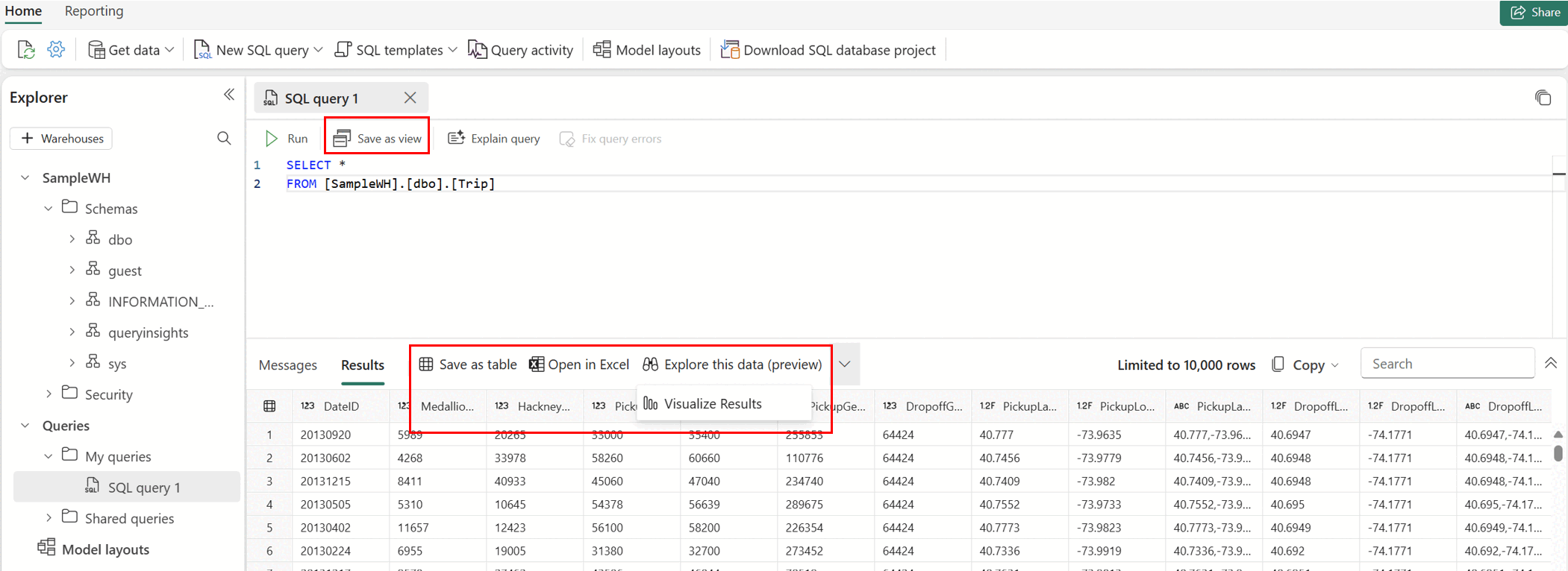 Captura de ecrã da janela do editor de consultas. Os botões de comando estão inseridos em vermelho.