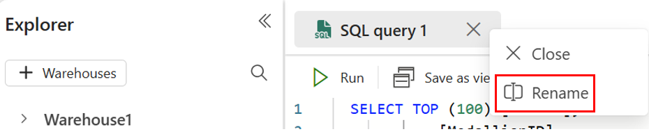 Captura de tela do canto superior da tela do editor de consultas, mostrando onde clicar com o botão direito do mouse para selecionar a opção Renomear.