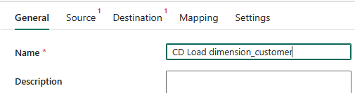 Captura de ecrã do separador Geral, mostrando onde introduzir o nome da atividade de cópia.