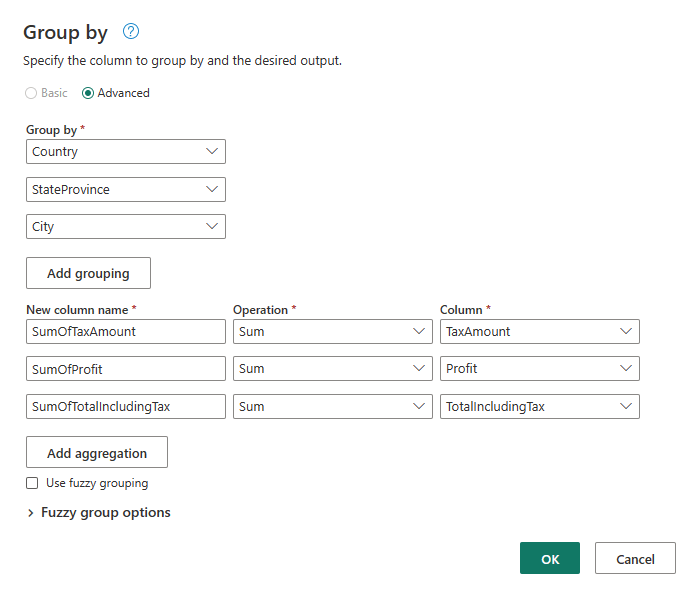 Captura de tela da caixa de diálogo Agrupar por, destacando as configurações.