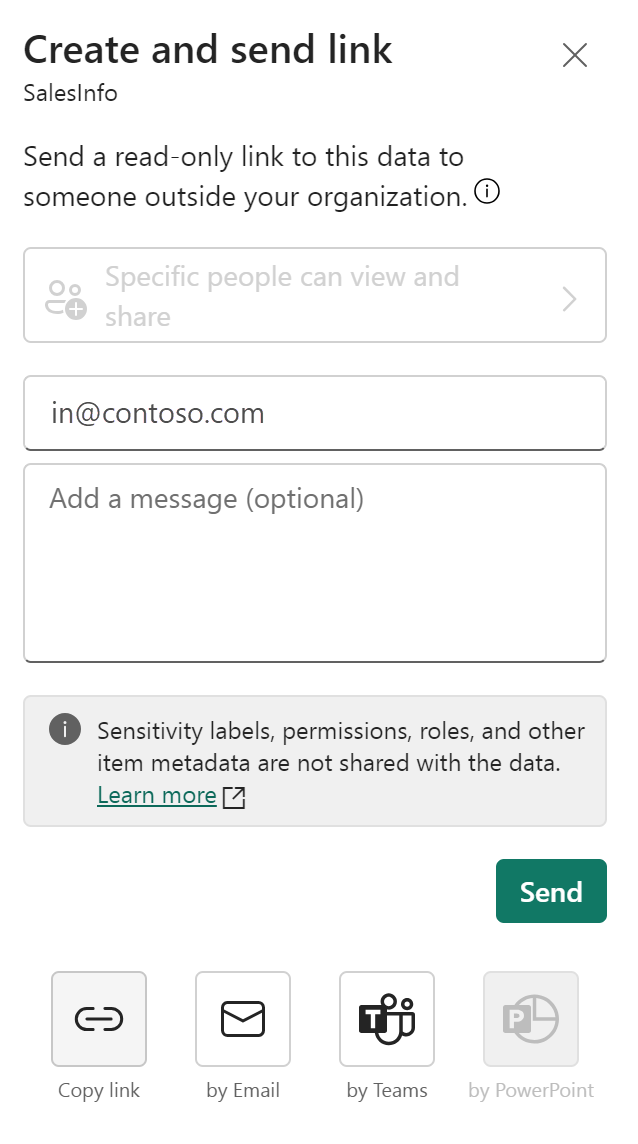 Captura de tela da caixa de diálogo de criação e envio de link de compartilhamento de dados externos.