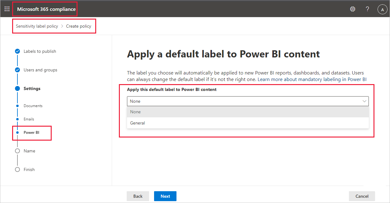 Captura de ecrã da definição de etiqueta predefinida no portal de conformidade da Microsoft.