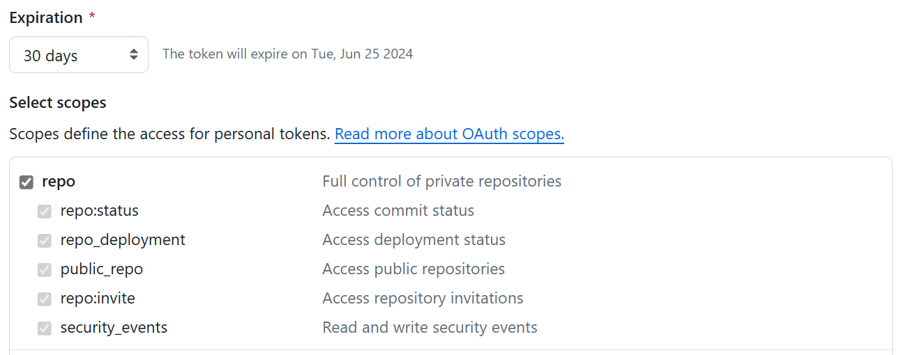 Captura de tela dos escopos de token clássicos do GitHub.