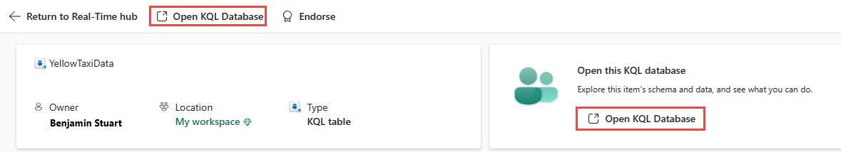 Captura de tela que mostra os links Abrir Banco de Dados KQL para um fluxo do tipo Tabela a partir da exibição de detalhes.