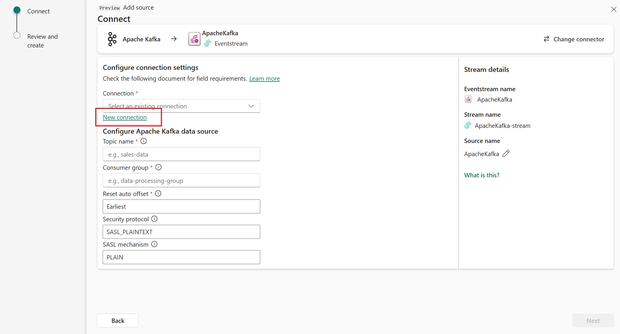 Captura de tela que mostra a seleção do link Nova conexão na página Conectar do assistente Obter eventos.