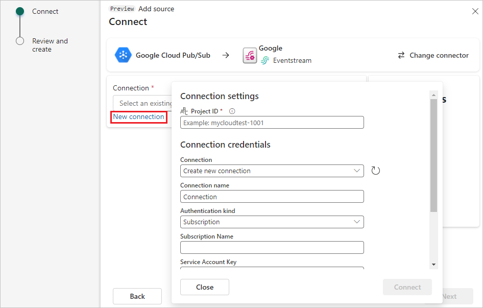 Uma captura de tela das configurações de conexão para a fonte Google Cloud Pub/Sub.