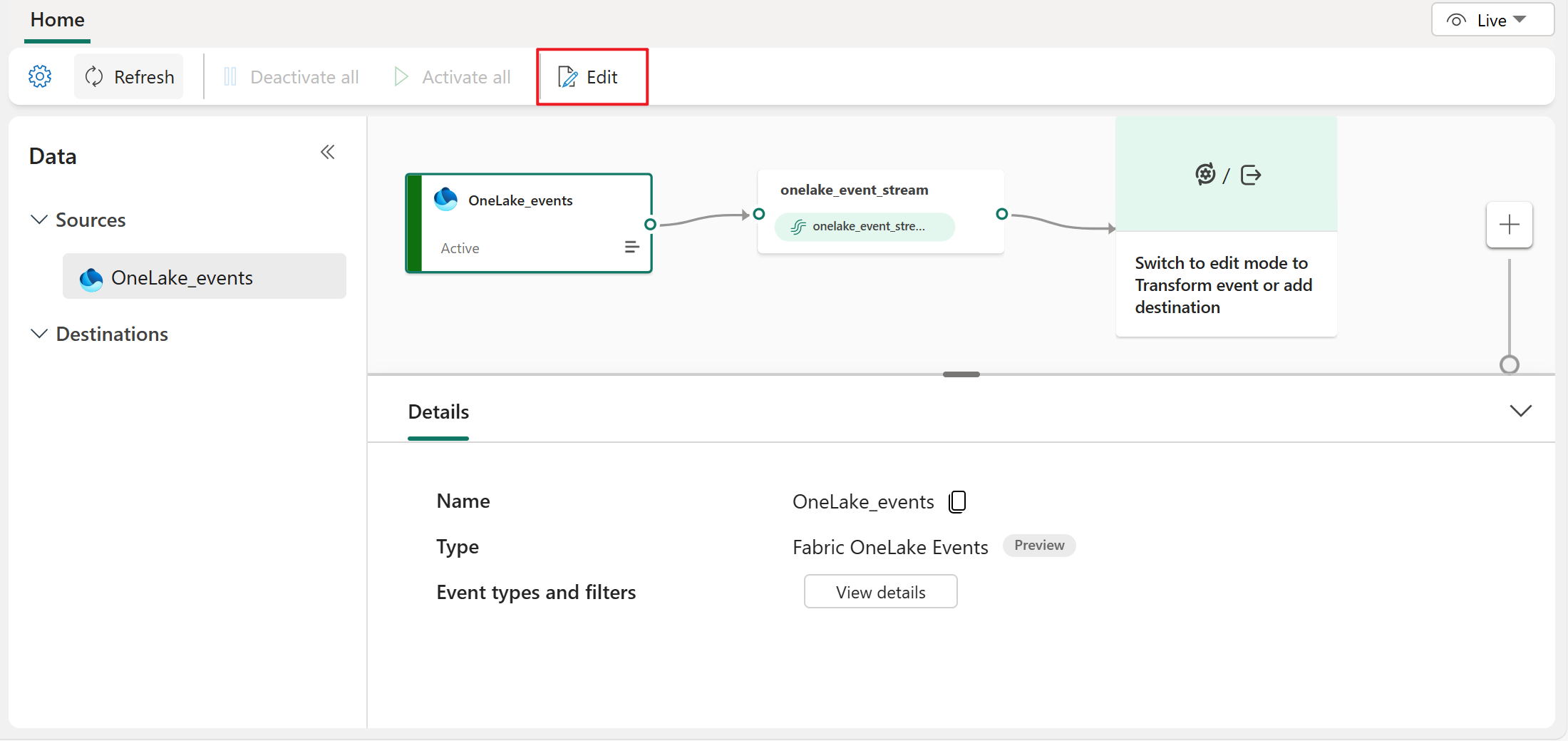 Captura de tela que mostra a fonte de eventos do Fabric OneLake recém-adicionada na visualização ao vivo.