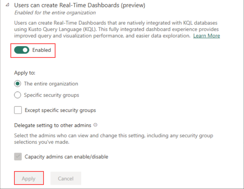 Captura de ecrã a mostrar a ativação das definições de inquilino para Dashboards em Tempo Real.