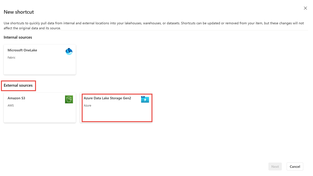 Captura de tela mostrando a escolha do Azure Data Lake Storage Gen2 como uma fonte externa.