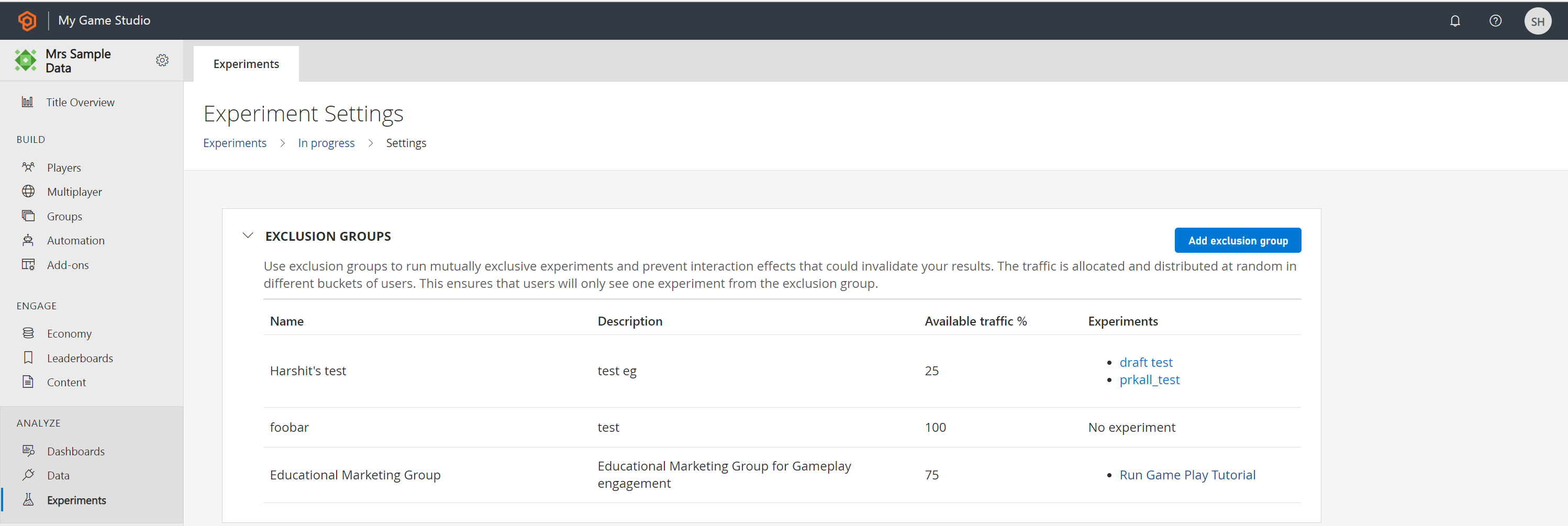 Screenshot of Exclusion Group Overview