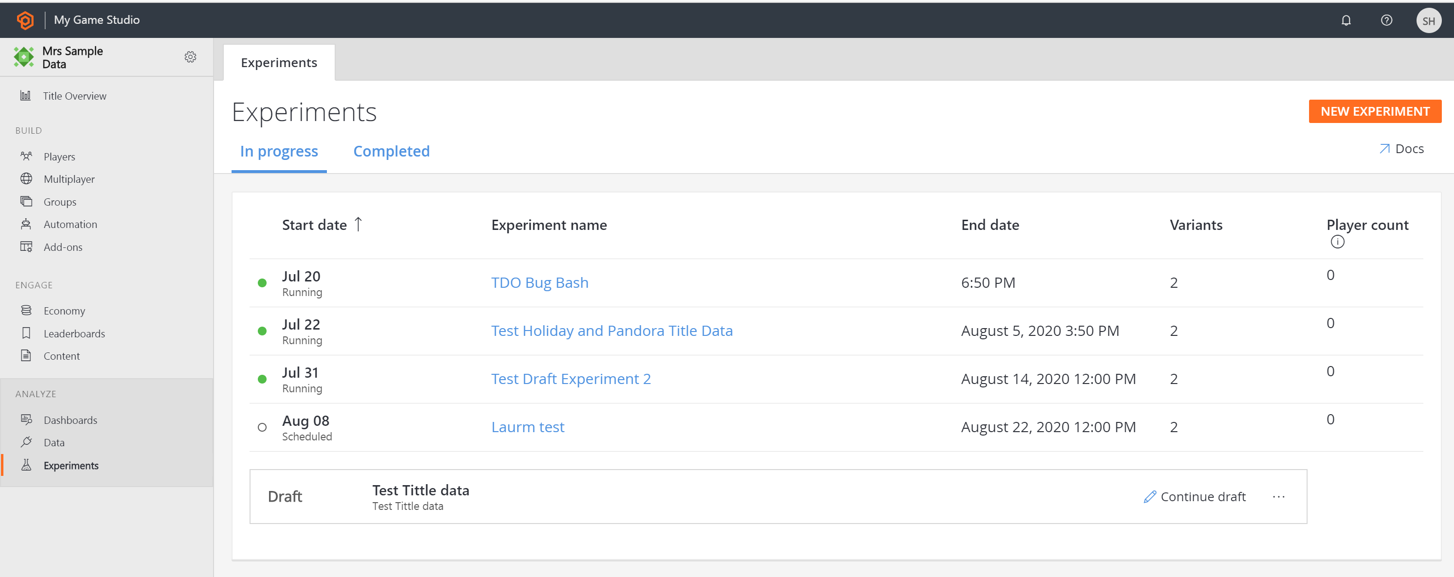 Screenshot of Manage an Experiment