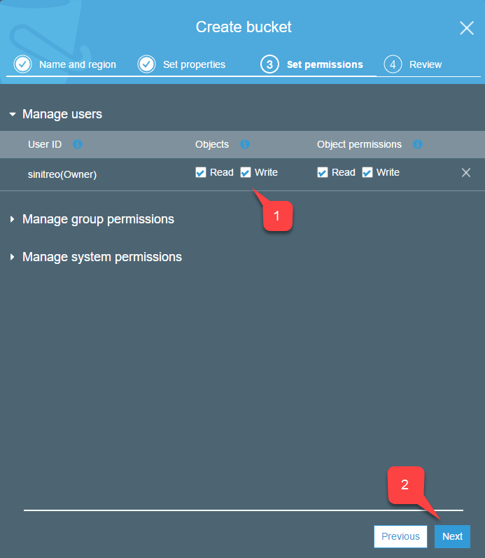Amazon S3 - Create bucket - enable read/write