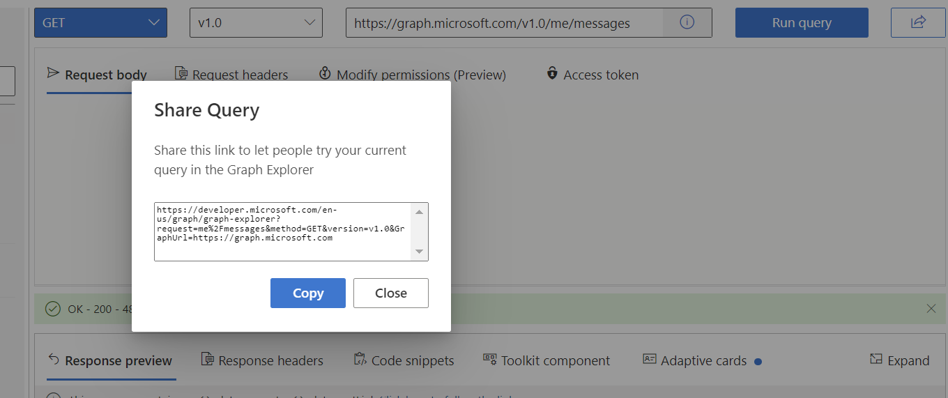 Captura de tela do Explorador do Graph com as opções Compartilhar e Copiar realçadas