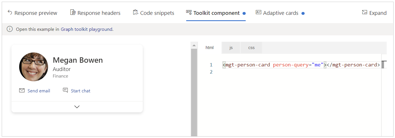 Captura de ecrã do separador Toolkit do Microsoft Graph no Graph Explorer.