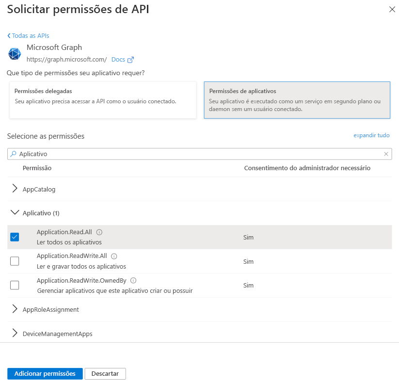 Selecionar Janela de permissões para as permissões do aplicativo do Microsoft Graph.