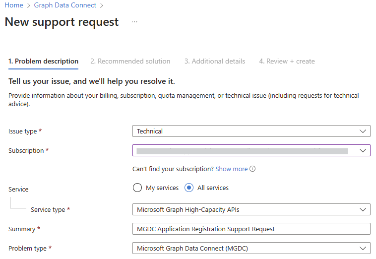 Uma captura de ecrã que mostra a seleção de tópicos num pedido de Suporte do Azure para se referir a um problema com o Microsoft Graph Data Connect.