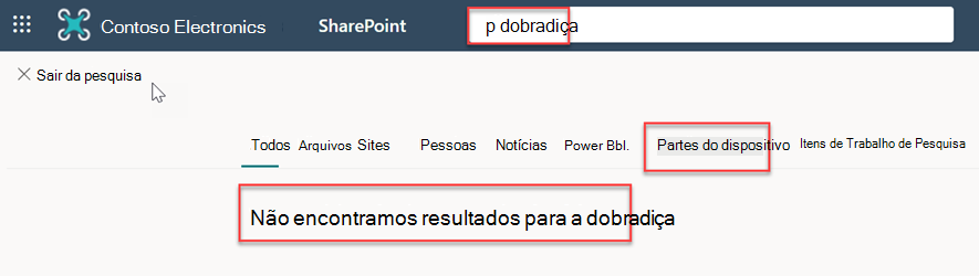 Exemplo de resultados de pesquisa para a palavra dobradiça no separador Peças da Aplicação