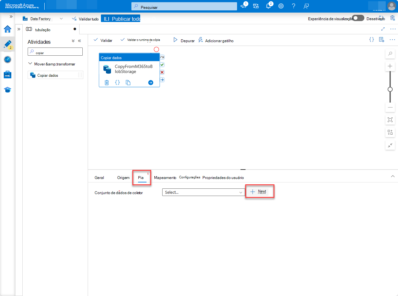 Uma captura de ecrã da página Recursos de fábrica do portal do Azure com o separador Sink realçado.