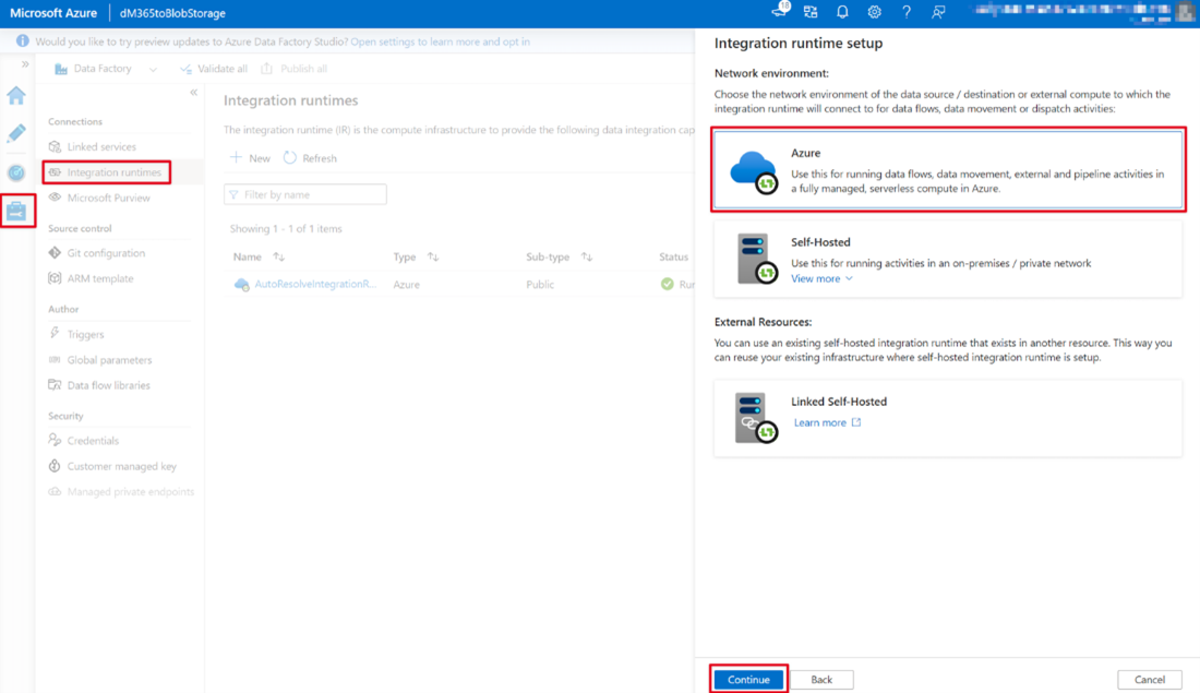 Captura de ecrã da página do serviço Data Factory do portal do Azure com a opção do Azure selecionada para o ambiente de rede.