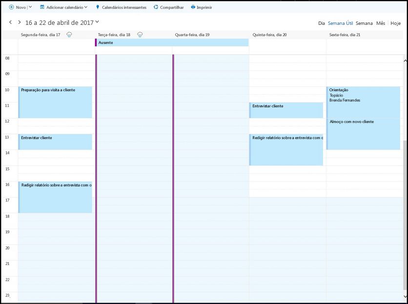 Calendário de trabalho do participante de 17 a 21 de abril mostrando horários livres