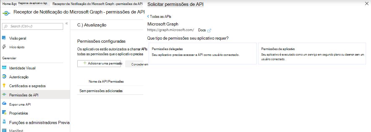 Captura de tela da página Solicitar permissões de API do centro de administração do Microsoft Entra