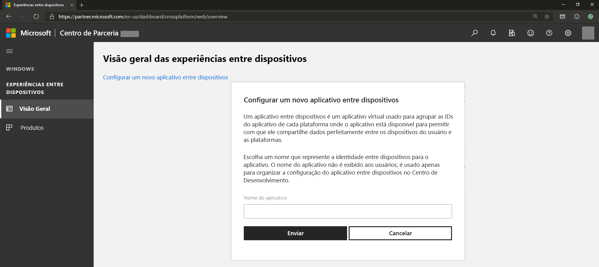 Configure um novo registro do aplicativo entre dispositivos