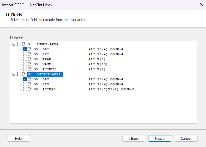 Screenshot shows the LL Fields Area box for IMS.