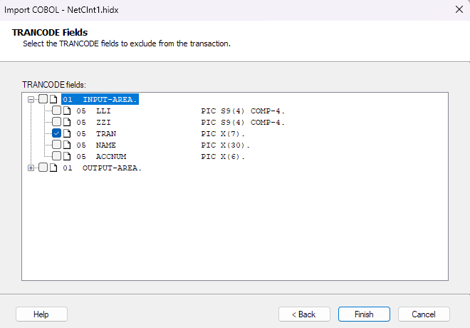 Screenshot shows the TRANCODE Fields Area box.