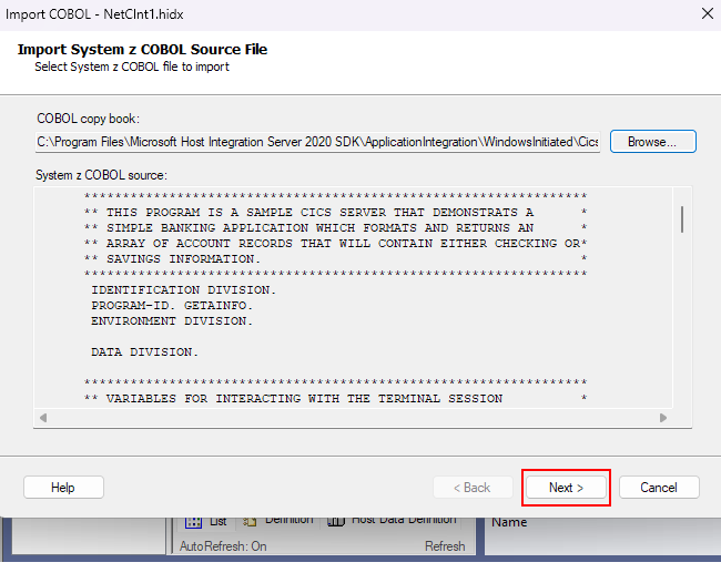 Screenshot shows the Import System z COBOL Source File box with the selected and preloaded host definition for CICS.