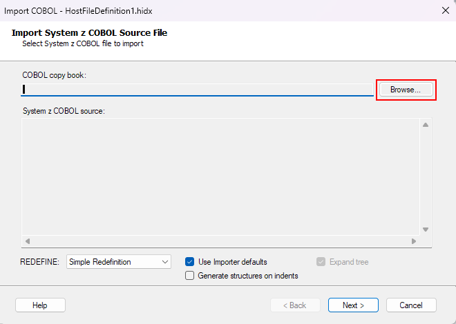 Screenshot shows Import System Z COBOL Source File box for a host file.