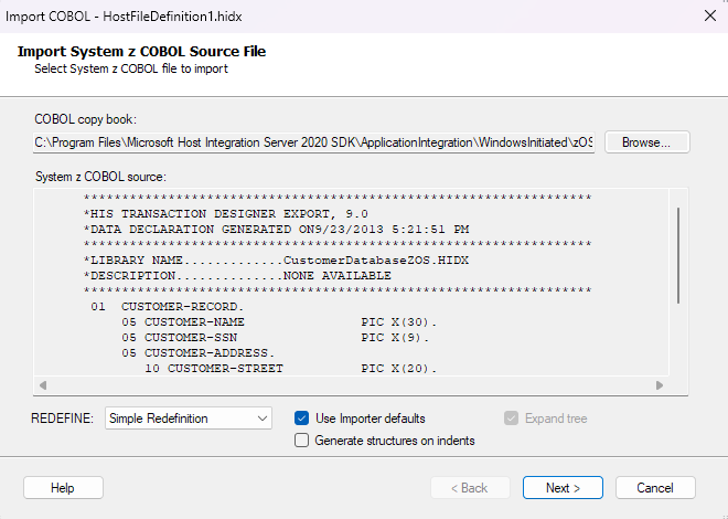 Screenshot shows the Import System z COBOL Source File box with the selected and preloaded host definition for a host file.