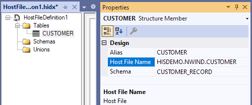 Screenshot shows table properties window with Alias, Host File Name, and Schema properties.