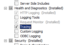 Screenshot of Health and Diagnostics pane expanded in Select Role Services page showing Tracing selected.