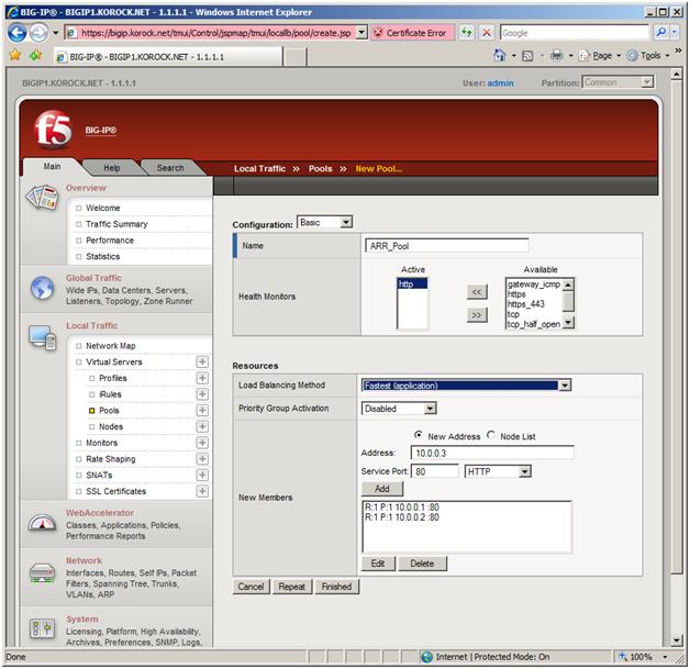 Screenshot of the F five Big I P web page. In the Load Balancing Method box, Fastest Application is chosen.