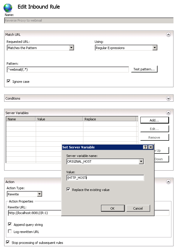 Screenshot of the Edit Inbound Rule page with Set Server Variable Value set to curly brace H T T P underscore HOST curly brace.