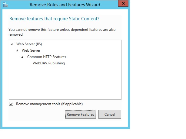 A screenshot that shows the iis 85 Remove features page.