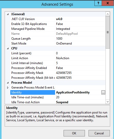 Captura de tela da caixa de diálogo Configurações avançadas com a configuração Identidade sendo destacada.