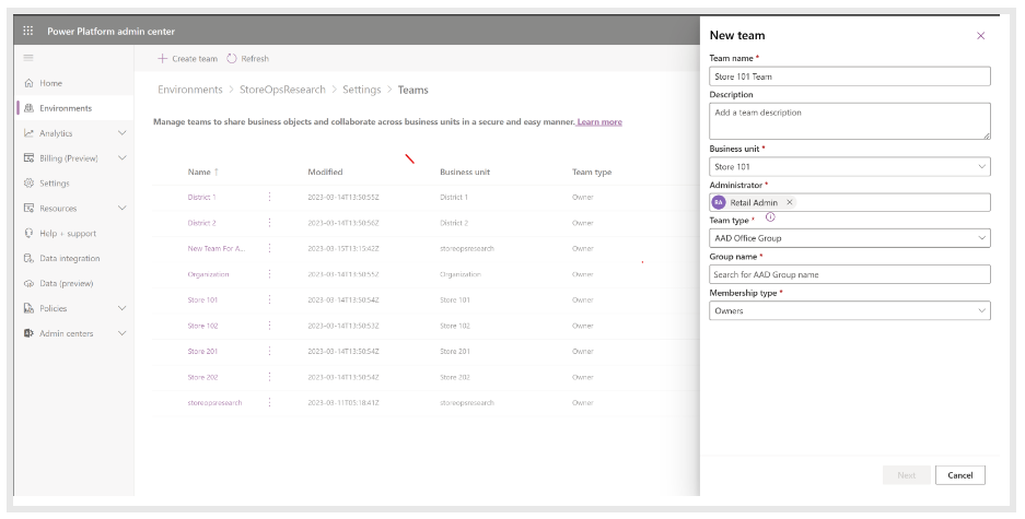 A imagem mostra como configurar equipas no Store operations.